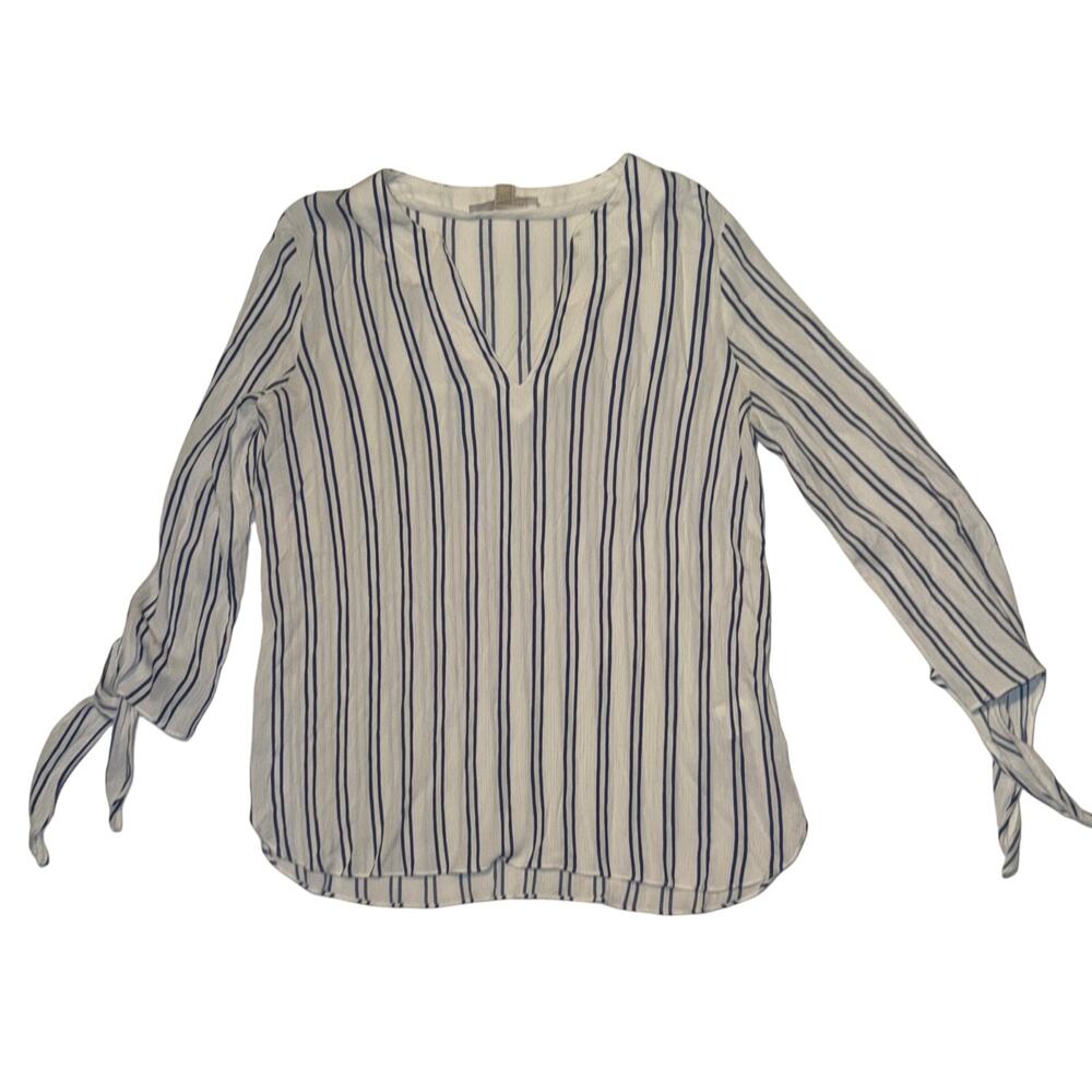 Michael Kors women’s blouse navy & white double stripe pattern with  tie-sleeve